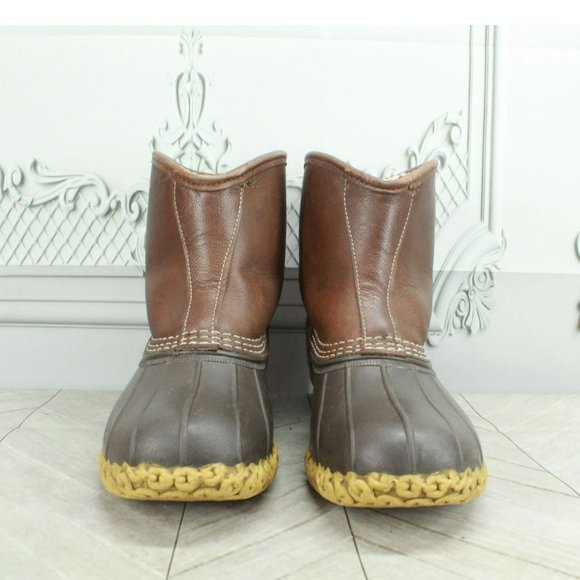 LL Bean Brown Leather Slip On Shearling Lined Ankle Duck Boots Size 8 Wide - Picture 4 of 8